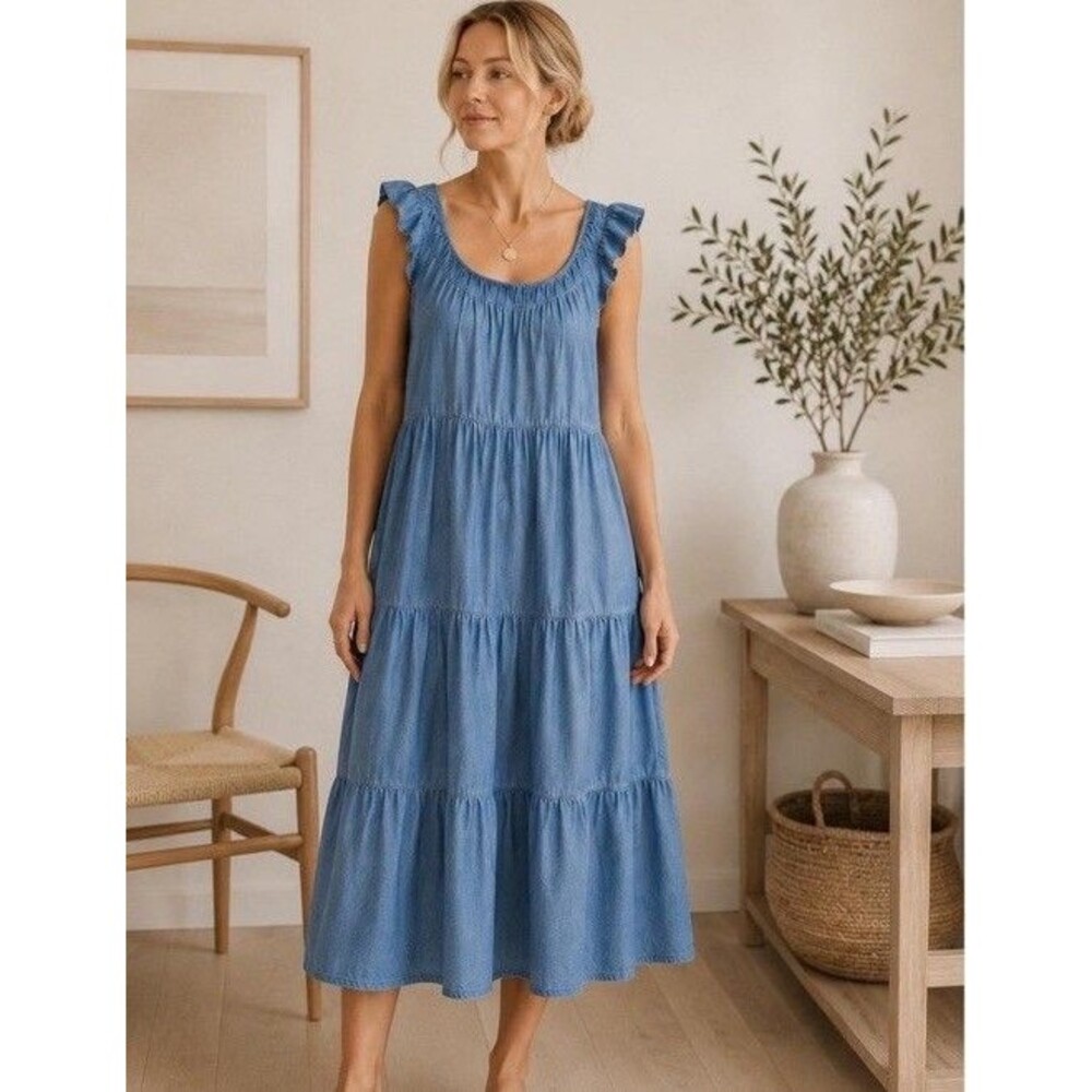 Ann Taylor LOFT Chambray Maxi Dress Womens XS Tiered Cottagecore Boho Flowy Fall